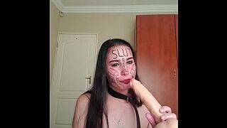 Self humiliation youngster chick with body writing