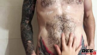 Wild Tattoo Pervert Jerks Meat In Bathroom While Washing