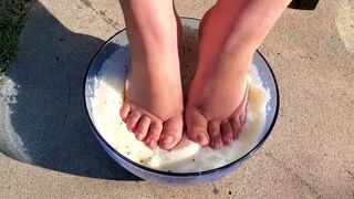 I couldn't Resist Sticking my Feet into the Mash Potatoes as well - Thanksgiving Food Play two