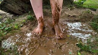 ASMR Barefoot in the Mud, Jumping in Puddle, Water, Wild Feet and Soles