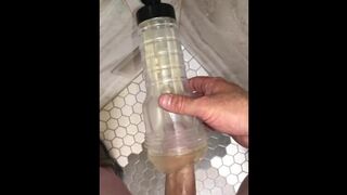 Fucking my Wall Mounted Clear Fleshlight in the Public Shower, Double Barrel Rammed with a BBC Dildo