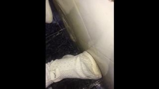 in charming stockings pees on the floor of a barbershop almost gets caught