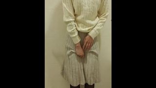 [Pee Desperation] Slutty peptite Whore wet her white skirt and african pantyhose with no panties