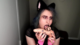 Goth trans cat chick gets her lipstick all over master's meat