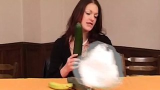Pretty German brunette playing with 2 hard penii and a cucumber