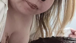 Wild bitch sub eating and sitting on chocolate cake