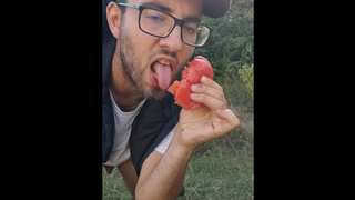 Horny Dude Climax Inside Tomato and Very Sexy Moaning & Nasty Talk in Outdoor