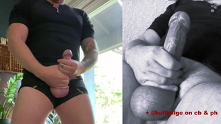 Strong bearded husband standing and jerking off! 2 hands, bull balls, moaning, naughty talk, slow motion