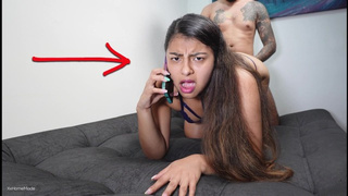 UNFAITHFUL WHORE talks on the phone with her FIANCE while her dude mounts her BUM HARD...