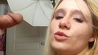 Blonde teen gives a great handjob with cumshot